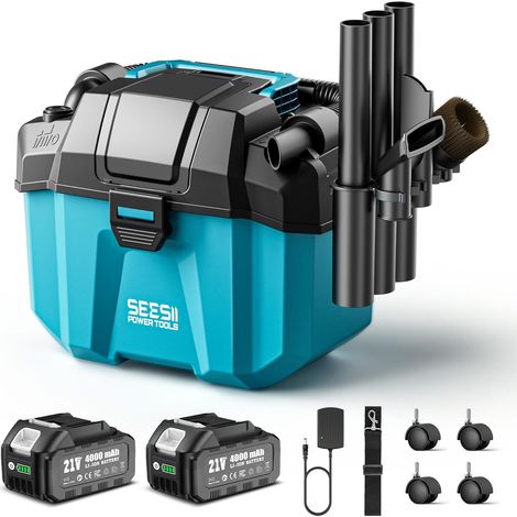 Aspirateur Eau et Poussière Batterie 8000 mAh (2x4000 mAh), Aspirateur Poussiere et Eau 10 L, avec Sangles, 4 Roues et Accessoires, Idéal pour Atelier, Chantier ou Voiture (1/5)