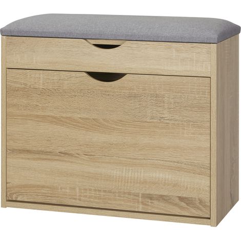 Shoe Bench with Cushion for 4 Pair of Shoes, Storage Bench with Padded Seat, Flip-up Cabinet Hidden Space for Entryway, Natural (1/5)