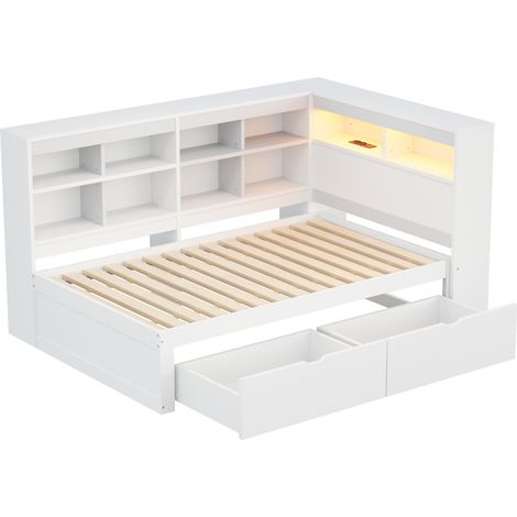 Letto in legno 90 x 200 cm bianco con contenitori, porta USB e striscia LED (1/5)