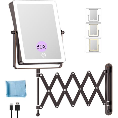 5000mAh Miroir Maquillage Lumineux Rechargeable (Bronze) 8,7" Double Usage 1X/30X Grossissement,Miroir Grossissant Mural,3 Températures de Lumière,Réglable en Luminosité,360° (1/5)