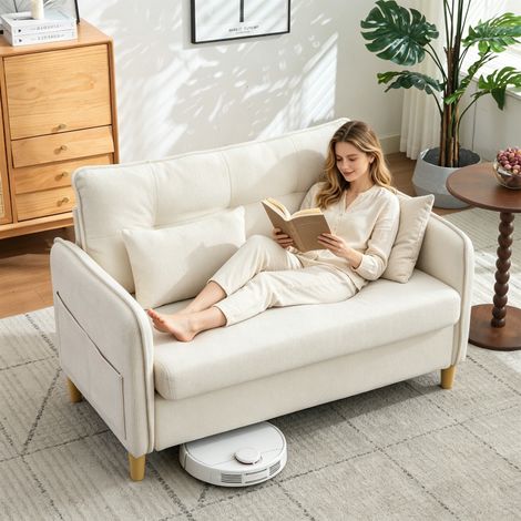 Canapé droit 2 places en tissu chenille– Accoudoirs confortables, assises moelleuses et poches latérales – 127 x75.5x83 cm – Idéal salon, bureau et coin lecture – Beige (1/5)