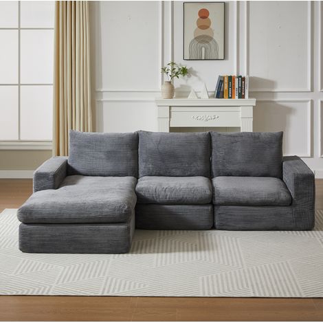 Divano angolare a L in velluto a coste grigio scuro con 3 cuscini e chaise longue reversibile (1/5)