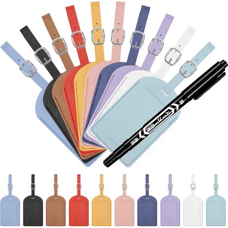 Lot de 11 étiquettes de bagage en cuir synthétique de 10 couleurs, étiquettes de bagage en cuir synthétique avec un marqueur, étiquettes d'identification de bagages avec boucle, étiquettes (1/5)