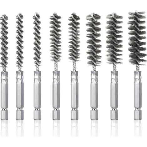 Set mit 8 Edelstahl-Metallbohrbürsten zur Reinigung, mit 6,35 mm Sechskantgriff für elektrische Bohrmaschinen und Polierwerkzeuge (1/5)