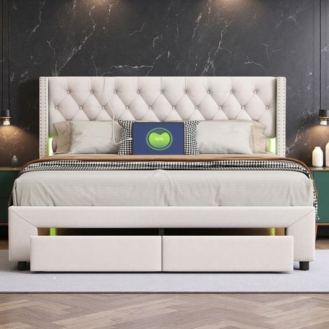 Cama Doble 140x190 - Cama con Cofre y Cajones - Terciopelo Blanco - LED RGB - 2 Puertos USB