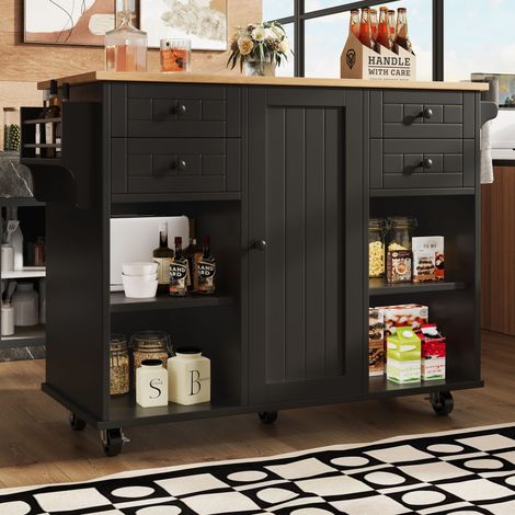 Dessertes de cuisine 127x46x91,5cm avec tables pliantes, 4 tiroirs 1 porte, buffet, meuble de cuisine, MDF et métal, noir (1/5)
