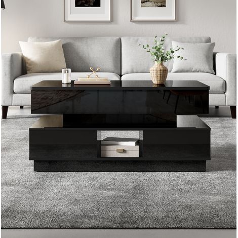 Tavolino da caffè in MDF nero 90 cm, piano alzabile, con presa integrata, LED e contenitori (1/5)