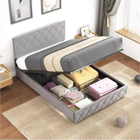 REDOM Letto singolo 90x200 cm con contenitore, testiera a bottoni, rete a doghe inclusa, ampio spazio di archiviazione, grigio chiaro (senza materasso)