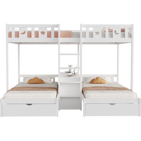 Lit superposé triple en bois blanc 140x220 cm et 2x90x200 cm avec 2 tiroirs, étagère centrale et échelle (1/5)