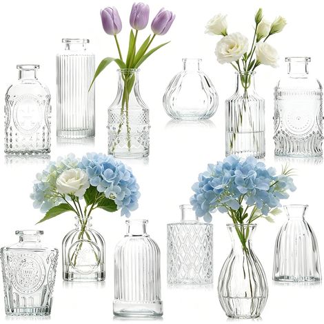 Set di 12 vasi in vetro, piccolo vaso in vetro vintage mini vaso Deko Set diverse dimensioni vaso di fiori per decorazioni nuziali trasparente, centrotavola da tavolo (1/5)