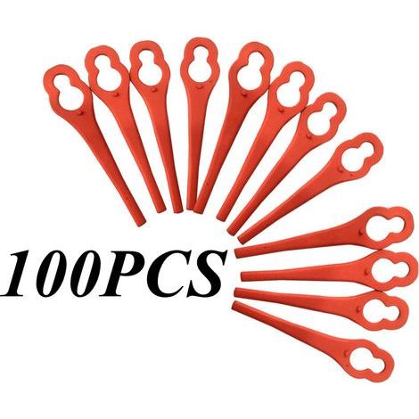 100PCS Lames de tondeuse en plastique, en forme de gourde, lames de rechange L85, accessoires pour tondeuse de jardin, compatibles avec la série Florabest FRTA.