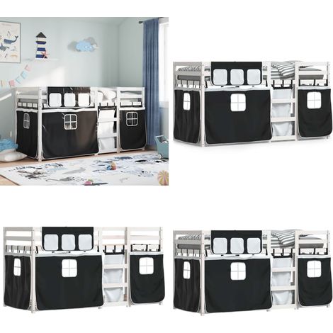 Litera con cortinas madera maciza pino blanco y negro 90x200 cm - Litera infantil - Cama con cortinas