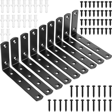 9 Pcs Equerre Etagere Murale noirs, Equerre Charge Lourde, Supports en L, Équerre Étagère de Fixation Invisible, Supports d'Étagère Murale Metal Industrielle pour Étagère Bois, 125 x 75 x 20 mm (1/5)