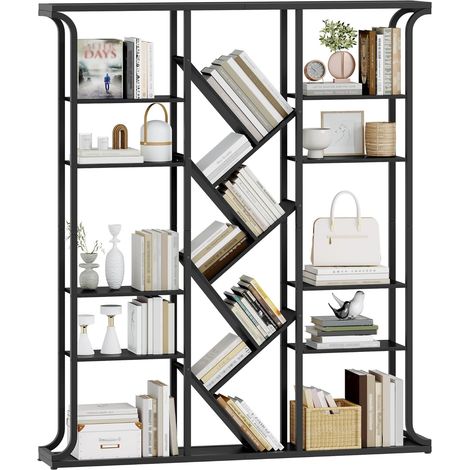 Étagère en Forme d'arbre, Bibliothèque à 6 Niveaux et 3 colonnes, 17 étagères de Rangement grillagées, pour Le Bureau, La Chambre ou Le Salon, Noir (1/5)