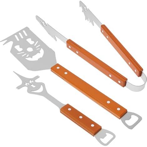 Juego de 3 cubiertos para barbacoa de acero inoxidable con mangos de madera, un creativo juego de herramientas para barbacoa que incluye pinzas, espátula y tenedor. (1/5)