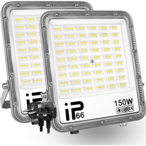 Lumière LED Extérieur 150W, 15000LM, Blanc Froid 6500K, Projecteur LED Sécurité IP65 Étanche, Lumière de Travail LED pour Porte d'Entrée, Entrepôt, Parking, Cour, Rue avec Prise (2 Pièce) (1/5)