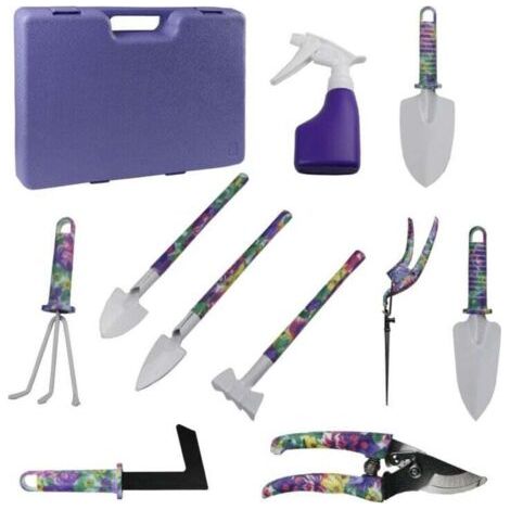Ensemble de 10 outils de jardin en aluminium à motif floral, comprenant une truelle, un râteau, etc. (1/4)