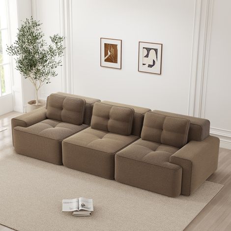 Canapé modulable Cloud sans cadre, angle convertible en velours côtelé, canapé surdimensionné confortable 3 places bas, gris marron, sans assemblage, pour salon spacieux (1/5)