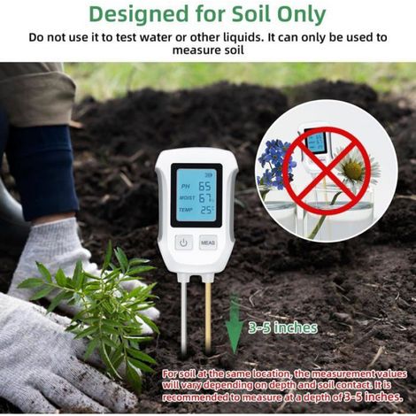 Testeur de sol 3-en-1 : pH, acidité, alcalinité, température, humidité et teneur en eau. Écran LCD rétroéclairé. Idéal pour le jard (1/4)