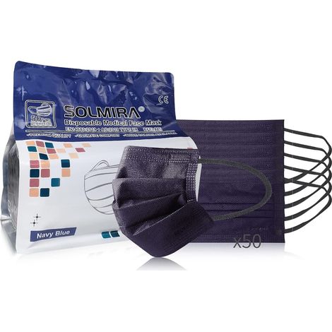 Masques Chirurgicaux TYPE IIR Certifiés Ce, 50 Unités, Bleu Marine, BFE ≥98%, EN 14683: 2019 + AC: 2019 (1/5)