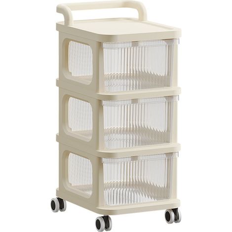 Chariot de rangement roulant multifonction avec tiroir transparent et roulettes, idéal pour la chambre, la cuisine ou le bureau (3 niveaux). (1/5)