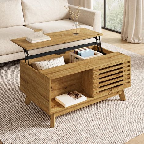 Mesa de centro elevable 90x55x57.5cm con puerta corredera de persiana - mesa de salón multifuncional estilo retro moderno mdf - efecto madera natural (1/5)