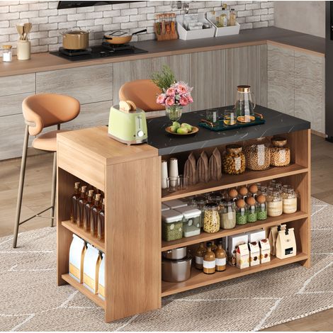Isola cucina bar 140 x 60 x 90 cm, 5 livelli di contenimento, nero e naturale HAVRYA (1/5)
