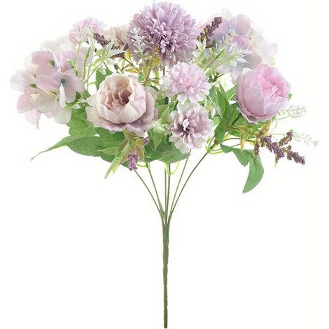 Fleurs artificielles, 2 bouquets de pivoines artificielles en soie, hortensias, œillets et marguerites en plastique (violet)