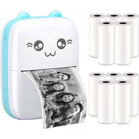 Mini stampante termica con 10 rotoli di carta termica, Bluetooth, compatibile con iOS/Android, stampa tramite app, batteria da 1200 mAh, colore bianco/blu. (1/5)