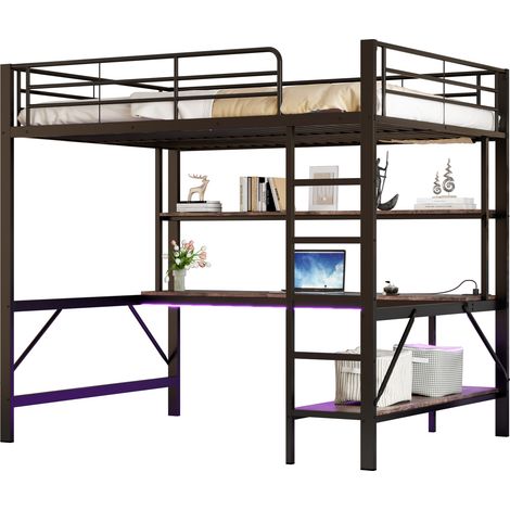 Hochbett 140 × 200 cm mit Geländer und Leiter, USB & Steckdose, LED-Beleuchtung, Schreibtisch und Regalen, Metall, Schwarz, ohne Matratze