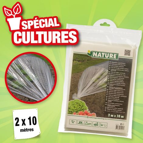 Nature – Film de croissance primeur 50 microns – Polyéthylène LDPE transparent – 2 x 10 m – 400 perforations/m² pour circulation air et lumière (1/5)