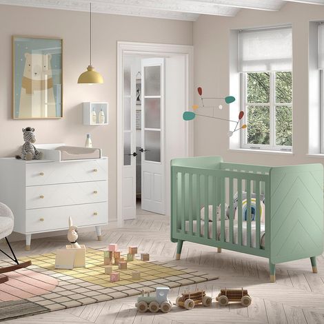 Pack - Lit Bébé, Commode & Plan à Langer "Billy" 60x120cm Blanc & Vert