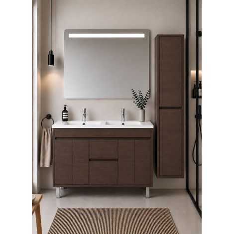 Meuble de salle de bain avec vasque ORIGENBATH ISQUIA sans miroir 120x45 cm double vasque frêne tea avec colonne