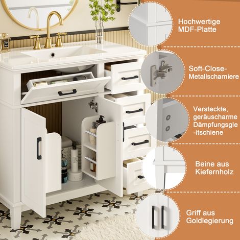Meuble de salle de bain sur pied 90x46x87 cm, blanc laqué, tiroirs à fermeture amortie silencieuse, poignée rabattable, armoire à double porte, pieds en bois massif, poignée noire, vasque en céramique (1/5)