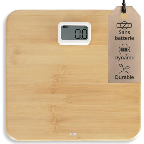 Pèse-personne numérique Sans piles avec dynamo Pèse-personne écologique avec surface de pesage en bambou renouvelable Jusqu'à 150 kg (1/5)