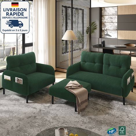 Sofá de terciopelo - Profundidad de asiento cómoda - Bolsillos laterales a cada lado de los reposabrazos - Construcción sólida - Escandinavo - Madera con certificación PEFC - 4 plazas - Verde esmerald (1/5)