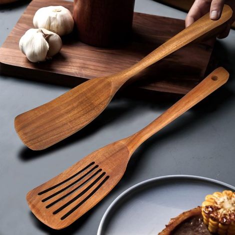 Set di utensili da cucina in legno, spatola da cucina in legno, set da 2 pezzi, paletta per padella, paletta per pancake, spatola forata in bambù, utensili da cucina (1/5)