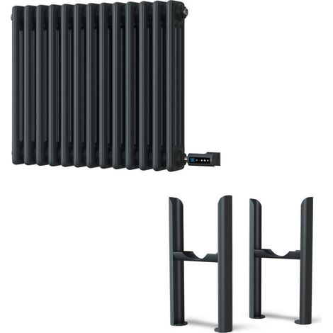Alpha - Anthracite Column Electric Radiator H500mm x W599mm 3 Column 600w Thermostatic WIFI - Feet Included