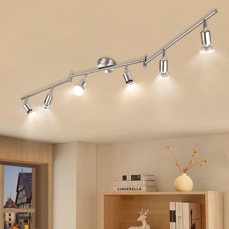 Plafonnier LED 6 Spots Nickel 6x 5W Ampoules GU10 Blanc Chaud 2800K Spot Interieur Plafond Orientables, Luminaire Plafonnier Barre, Rampe Spots Rail pour Couloir, Salon, Salle à Manger, Cuisine (1/5)