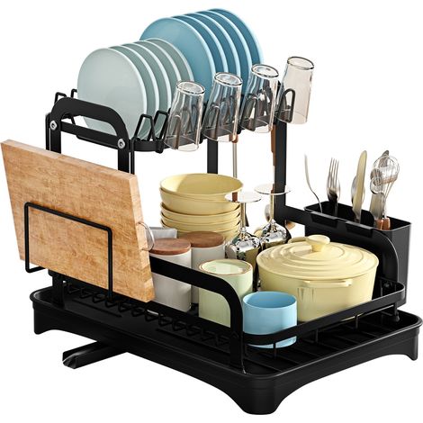 Égouttoir Vaisselle Cuisine Compact 2 Niveaux avec Plateau Égouttoir et Porte-Couverts, Organisateur Assiettes Bols, Noir (1/4)
