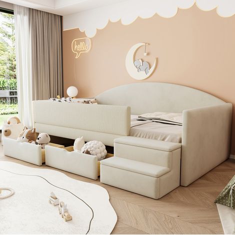 CHICFURN Divano letto 90x190 cm in velluto beige con cassetti, scalini e sponde (1/5)