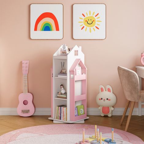 Estantería giratoria para niños Vipsali en forma de casa 108x40x40 cm - Rosa/Blanco [en.casa]