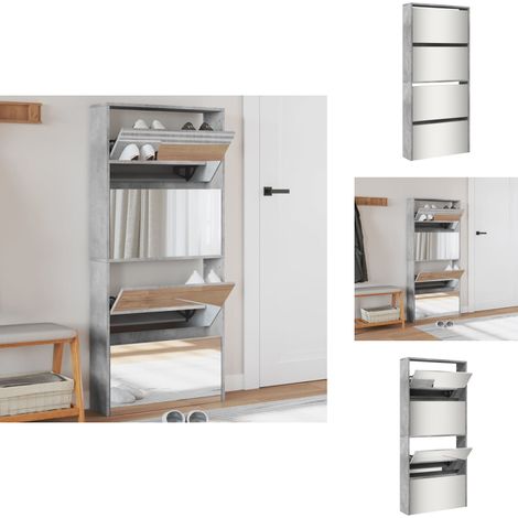 Armoire à chaussures et miroir 4 niveaux gris béton 63x17x134cm - Meuble Chaussure - Range Chaussures - Étagère Chaussure - Armoire À Chaussures - Rangement Intérieur (1/5)