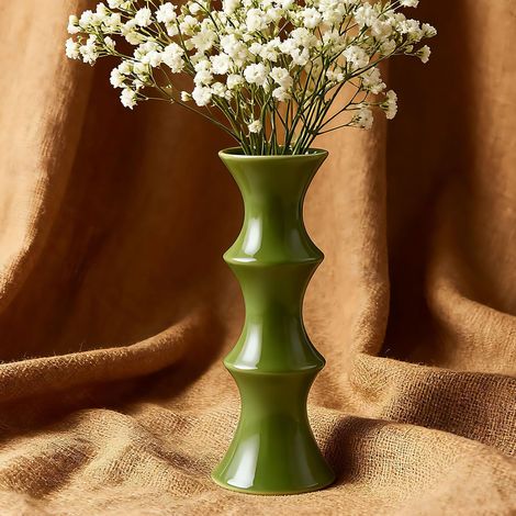 Vase en céramique style ferme moderne, vase de table basse, 25 cm de hauteur, décoration intérieure moderne inspirée du bambou. (vert) (1/5)