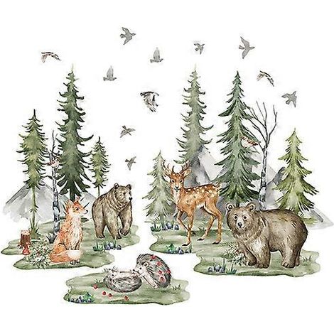 Sticker mural décoratif pour chambre d'enfant/maternelle : ours brun, renard, hérisson, montagne et forêt (1/5)