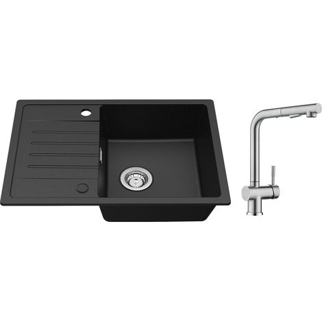 Cecipa Evier de cuisine avec égouttoir Noir 65 x 45 cm Evier à encastrer Deux directions d'installation + Robinet Cuisine avec Douchette Mitigeur d'évier Extractible Brossé (1/5)