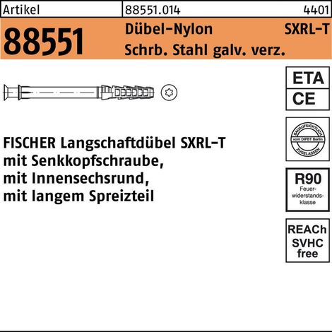 Fischer SXRL T Rahmendübel 10x100 Langschaftdübel mit vormontierter Senkkopfschraube, Stahl verzinkt