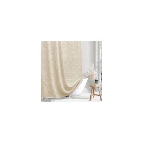 Cortina de ducha de tela tejida de estilo rústico bohemio – Cortina de ducha moderna y minimalista a rayas – 183 x 183 cm – Motivo de chevrón texturizado y minimalista – Crema (1/4)