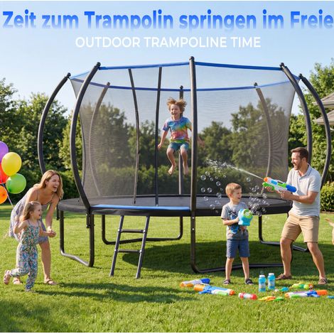 Trampoline rond 366 cm avec filet de sécurité et échelle, acier noir et bleu, certifié EN 71-14 et CE, extérieur (1/5)