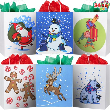 24 Sacs-Cadeaux en Papier Kraft de Noël avec Poignées Bleues et Blanches avec Impressions de Noël assorties pour Sacs de Cadeaux de Noël, Salles de Classe et Cadeaux, Sac Cadeau pour Bonbons